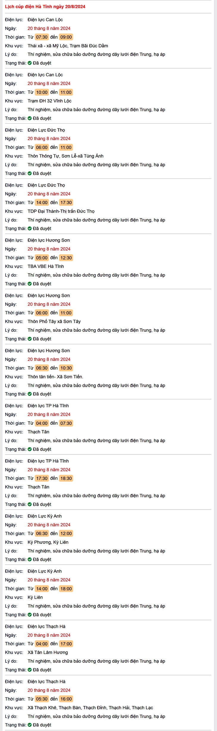 Lịch cắt điện hôm nay Thứ 3 ngày 20/8/2024 tại Hà Tĩnh- Ảnh 1. Lịch cắt điện hôm nay Thứ 3 ngày 20/8/2024 tại Hà Tĩnh- Ảnh 1.