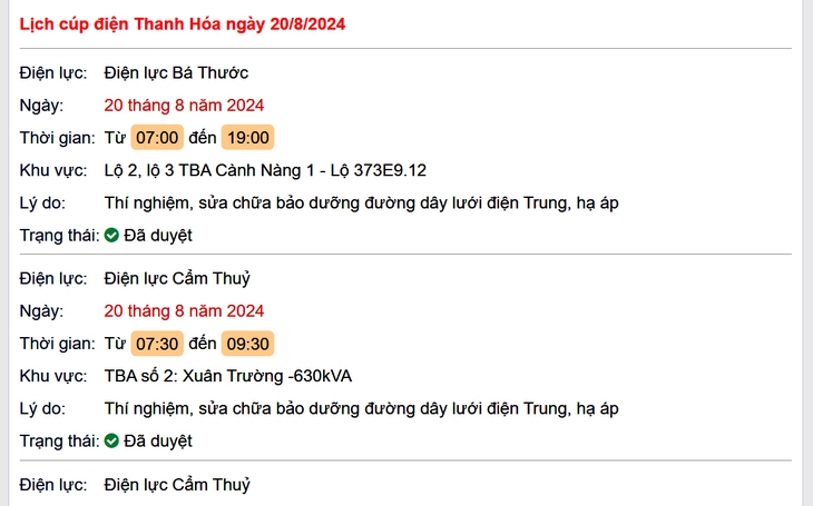 Lịch cắt điện hôm nay Thứ 3 ngày 20/8/2024 tại Thanh Hóa- Ảnh 1.
