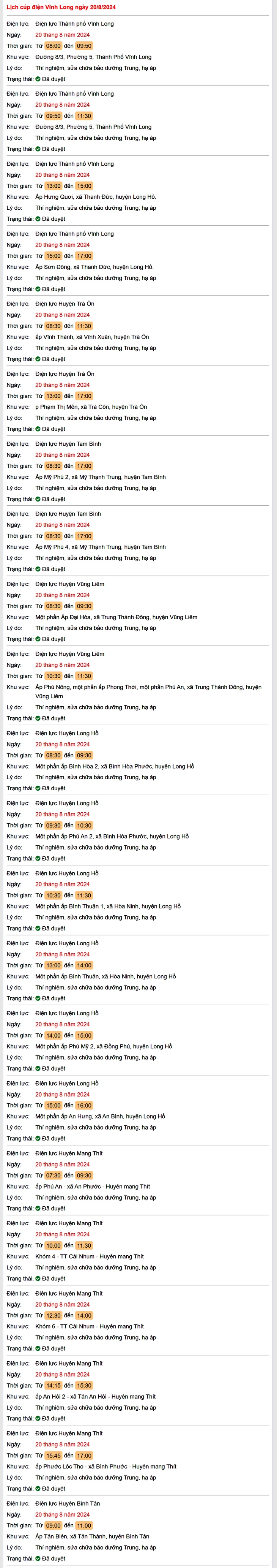 Lịch cúp điện hôm nay Thứ 3 ngày 20/8/2024 tại Vĩnh Long- Ảnh 1.