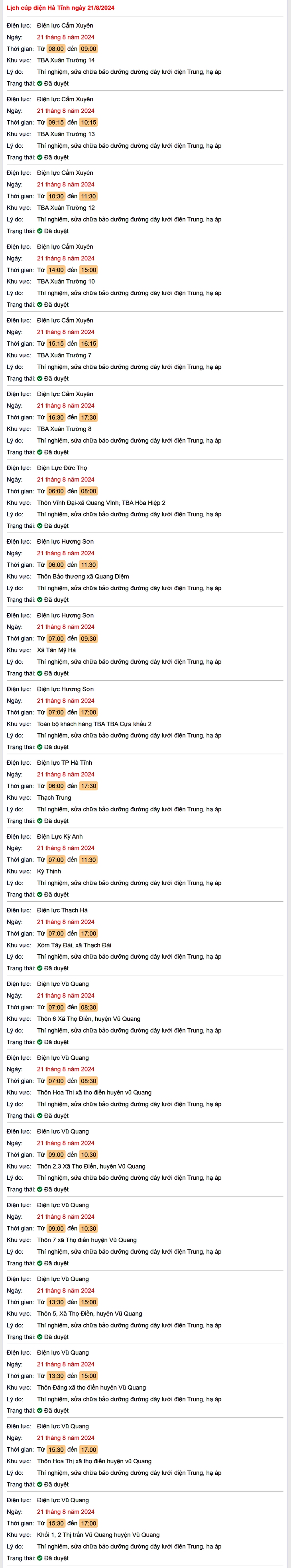Lịch cắt điện hôm nay Thứ 4 ngày 21/8/2024 tại Hà Tĩnh- Ảnh 1. Lịch cắt điện hôm nay Thứ 4 ngày 21/8/2024 tại Hà Tĩnh- Ảnh 1.
