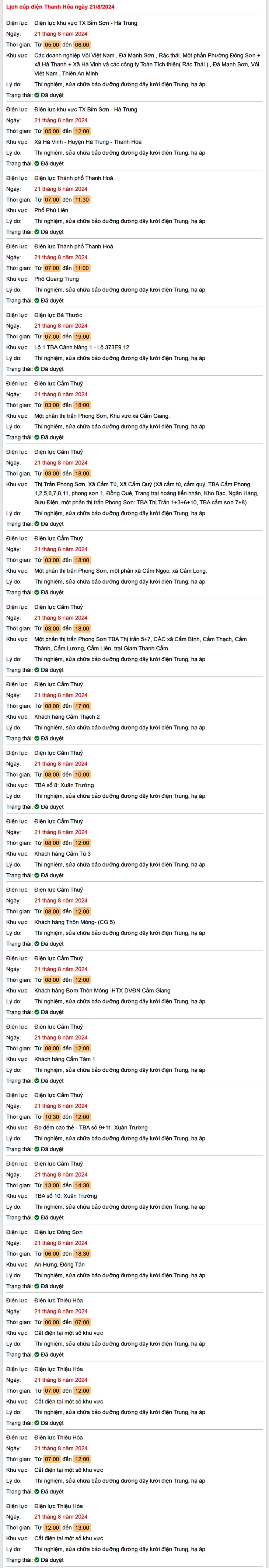 Lịch cắt điện hôm nay Thứ 4 ngày 21/8/2024 tại Thanh Hóa- Ảnh 1.