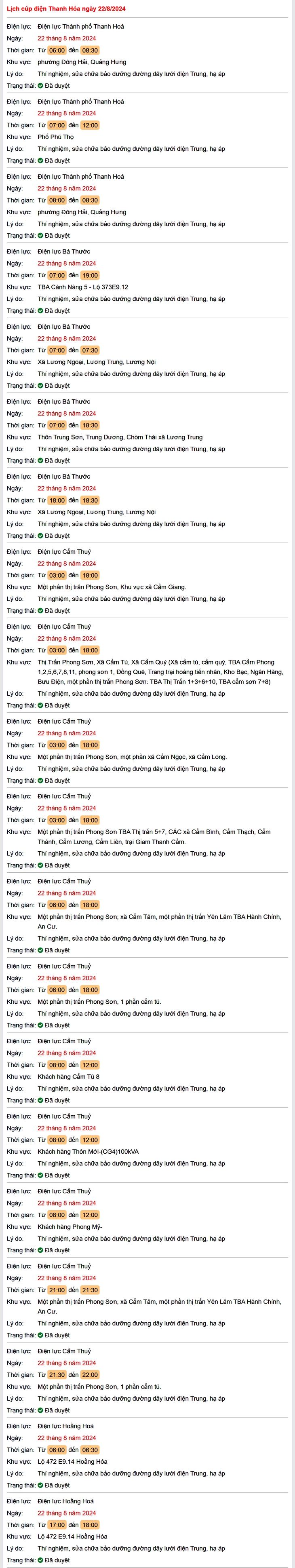 Lịch cắt điện hôm nay Thứ 5 ngày 22/8/2024 tại Thanh Hóa- Ảnh 1.