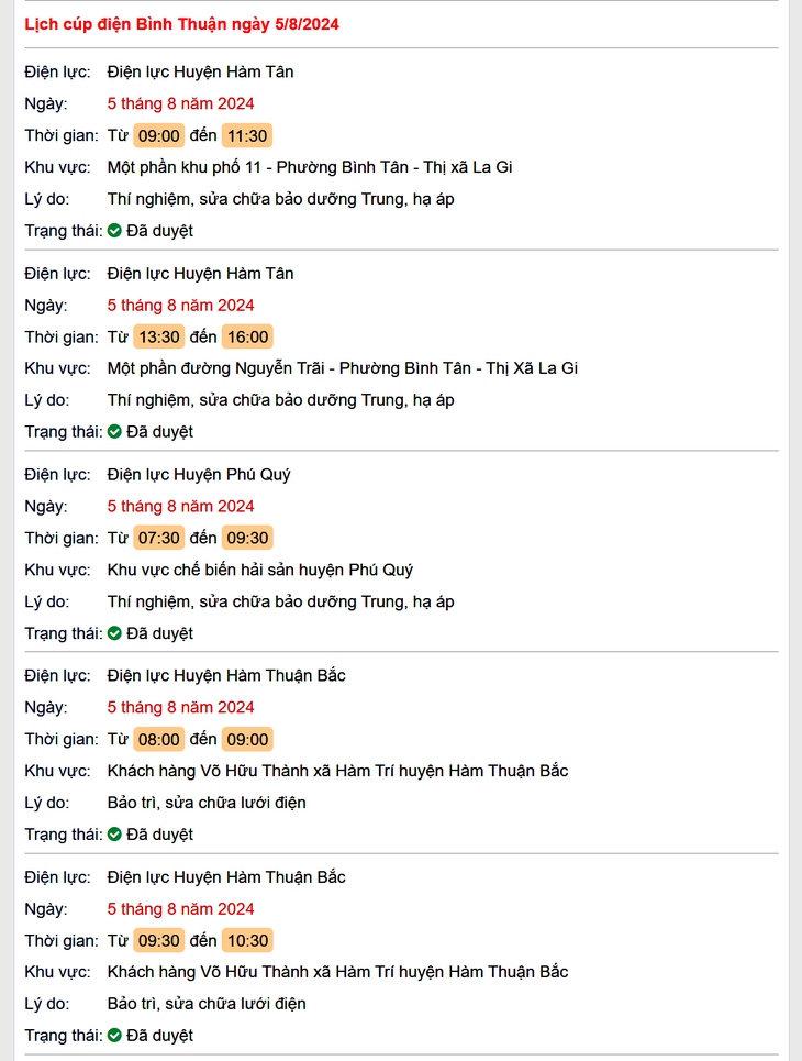 Lịch cúp điện Bình Thuận hôm nay Thứ 2 ngày 5/8- Ảnh 1.