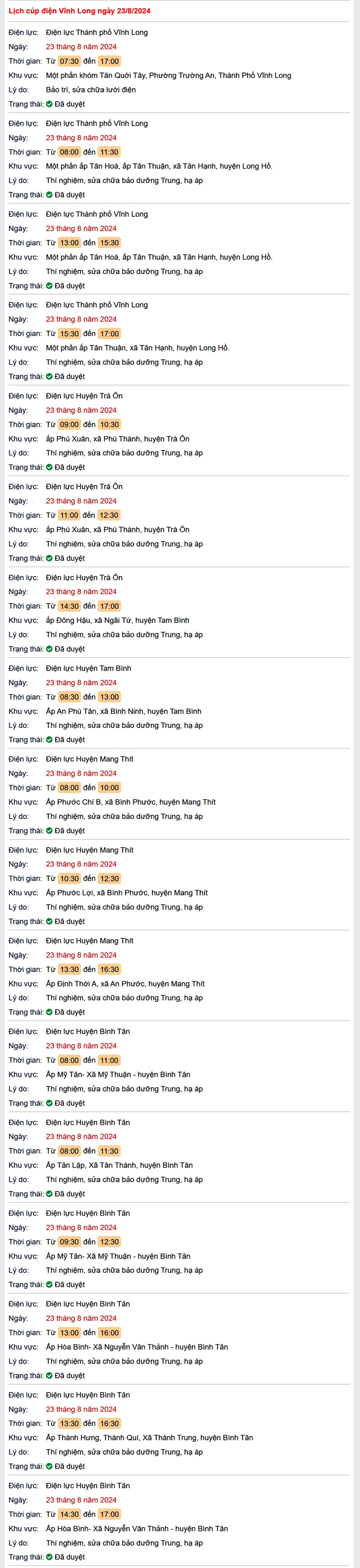 Lịch cúp điện hôm nay Thứ 6 ngày 23/8/2024 tại Vĩnh Long- Ảnh 1.