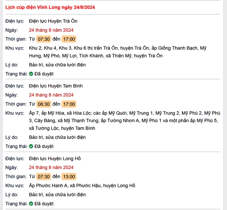 Lịch cúp điện hôm nay Thứ 7 ngày 24/8/2024 tại Vĩnh Long- Ảnh 1.