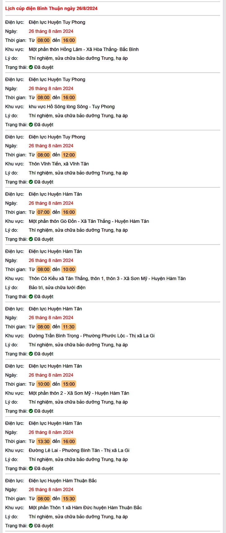 Lịch cúp điện hôm nay Thứ 2 ngày 26/8/2024 tại Bình Thuận- Ảnh 1.