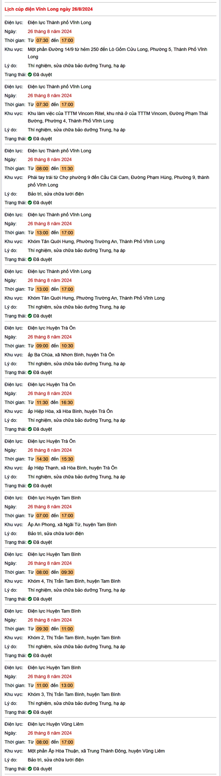 Lịch cúp điện hôm nay Thứ 2 ngày 26/8/2024 tại Vĩnh Long- Ảnh 1.