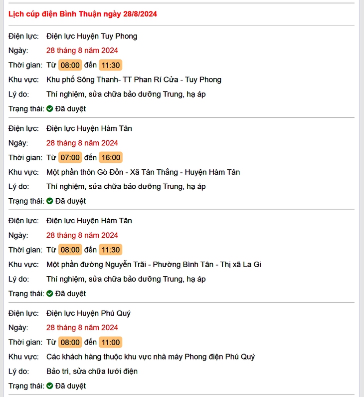 Lịch cúp điện hôm nay Thứ 4 ngày 28/8/2024 tại Bình Thuận- Ảnh 1. Lịch cúp điện hôm nay Thứ 4 ngày 28/8/2024 tại Bình Thuận- Ảnh 1.