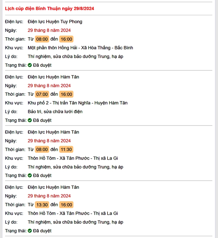 Lịch cúp điện hôm nay Thứ 5 ngày 29/8/2024 tại Bình Thuận- Ảnh 1. Lịch cúp điện hôm nay Thứ 5 ngày 29/8/2024 tại Bình Thuận- Ảnh 1.
