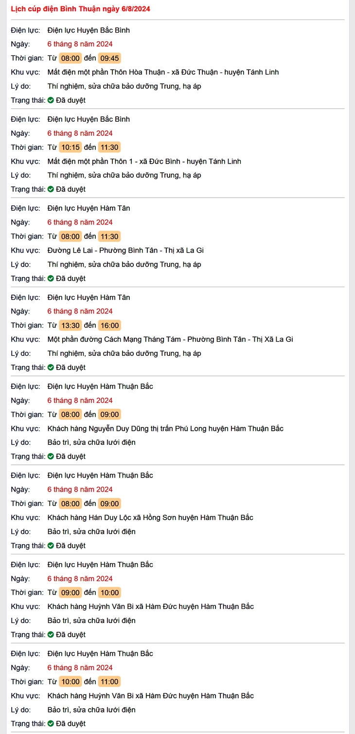 Lịch cúp điện Bình Thuận hôm nay Thứ 3 ngày 6/8- Ảnh 1.