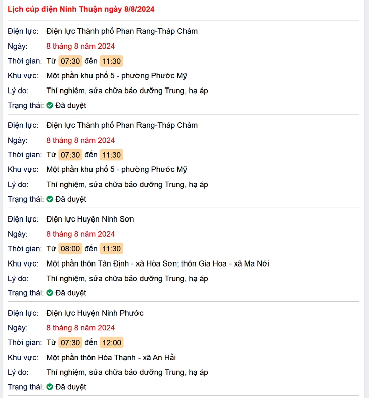 Lịch cúp điện Ninh Thuận hôm nay Thứ 5 ngày 8/8- Ảnh 1.