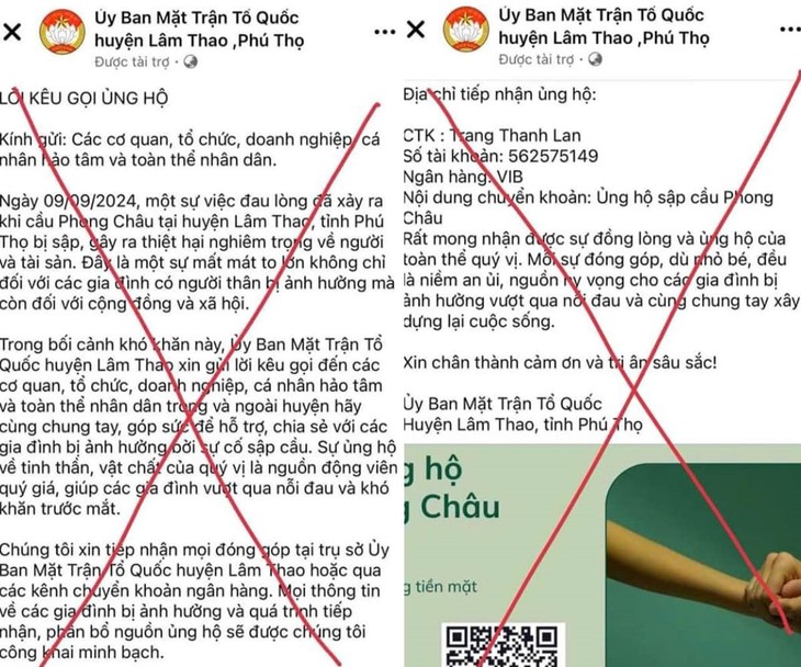 Giả mạo fanpage MTTQ kêu gọi hỗ trợ gia đình nạn nhân sự cố sập cầu Phong Châu- Ảnh 1. Giả mạo fanpage MTTQ kêu gọi hỗ trợ gia đình nạn nhân sự cố sập cầu Phong Châu- Ảnh 1.