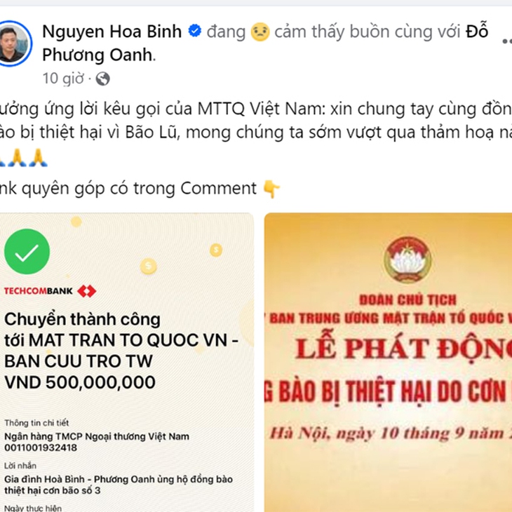 Phương Oanh - Shark Bình, Hà Anh Tuấn có hành động ý nghĩa chia sẻ cùng đồng bào rốn lũ miền Bắc- Ảnh 1. Phương Oanh - Shark Bình, Hà Anh Tuấn có hành động ý nghĩa chia sẻ cùng đồng bào rốn lũ miền Bắc- Ảnh 1.