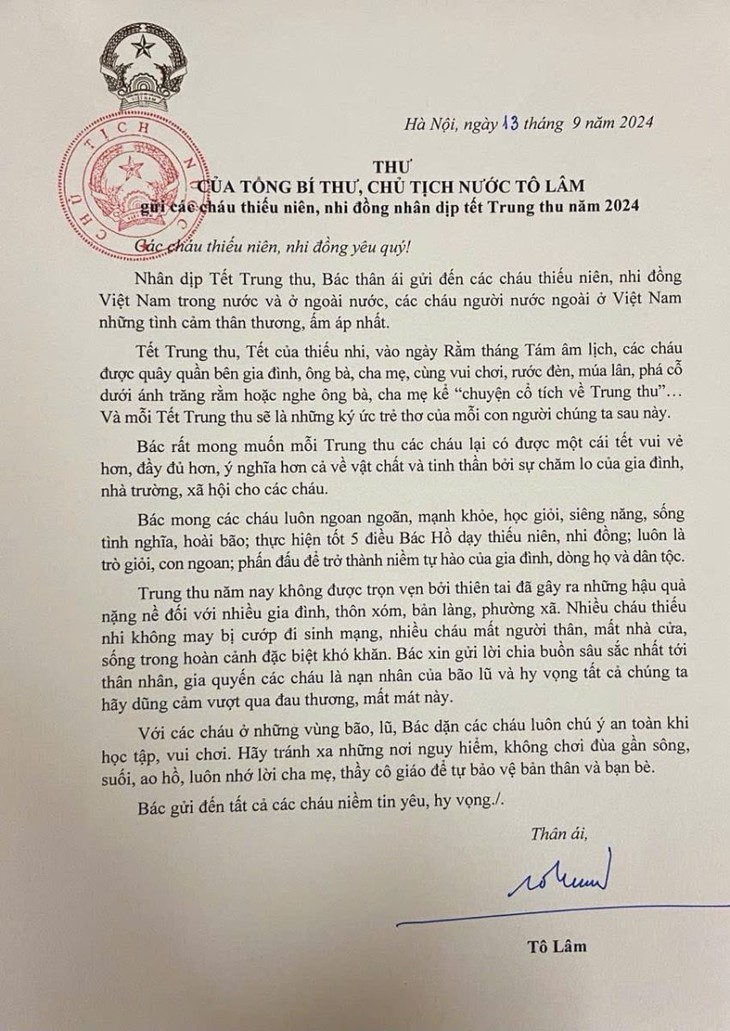 Tổng Bí thư, Chủ tịch nước Tô Lâm gửi thư chúc Tết Trung thu tới các cháu thiếu niên, nhi đồng- Ảnh 2. Tổng Bí thư, Chủ tịch nước Tô Lâm gửi thư chúc Tết Trung thu tới các cháu thiếu niên, nhi đồng- Ảnh 2.