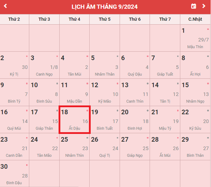 Lịch âm 18/9 - Âm lịch hôm nay 18/9 - Lịch vạn niên ngày 18/9/2024- Ảnh 1.