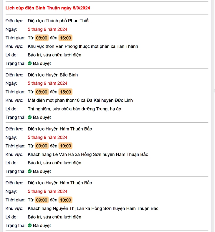 Lịch cúp điện hôm nay Thứ 5 ngày 5/9/2024 tại Bình Thuận- Ảnh 1. Lịch cúp điện hôm nay Thứ 5 ngày 5/9/2024 tại Bình Thuận- Ảnh 1.