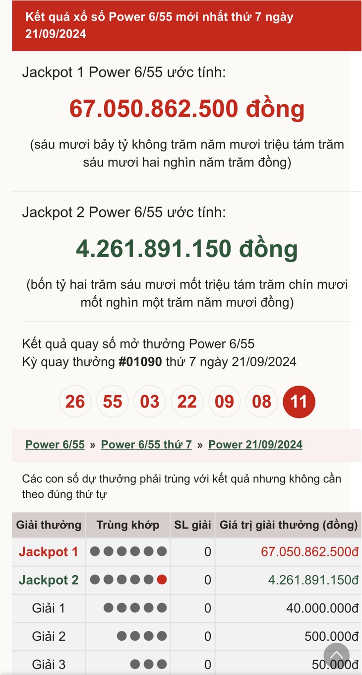 Vietlott 21/9 - Kết quả xổ số Vietlott hôm nay 21/9/2024 - Xổ số Power 6/55 ngày 21/9- Ảnh 1. Vietlott 21/9 - Kết quả xổ số Vietlott hôm nay 21/9/2024 - Xổ số Power 6/55 ngày 21/9- Ảnh 1.