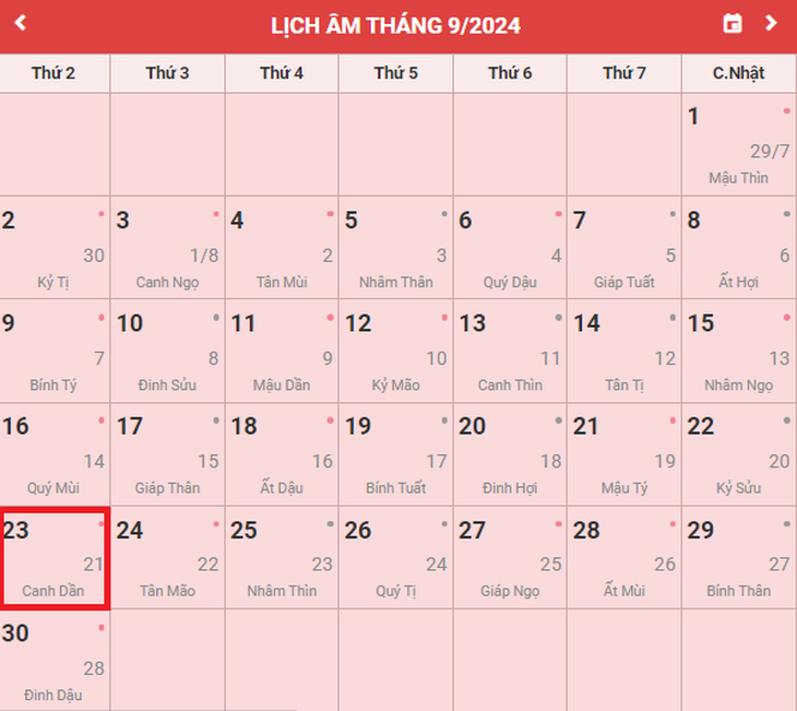 Lịch âm 23/9 - Âm lịch hôm nay 23/9 - Lịch vạn niên ngày 23/9/2024- Ảnh 1. Lịch âm 23/9 - Âm lịch hôm nay 23/9 - Lịch vạn niên ngày 23/9/2024- Ảnh 1.