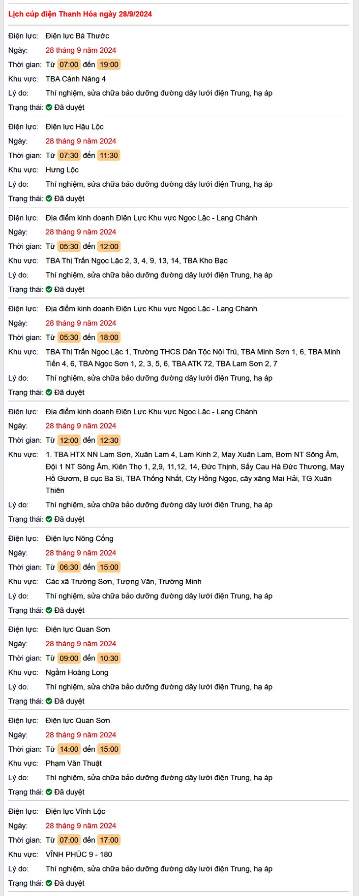 Lịch cắt điện hôm nay Thứ 7 ngày 28/9/2024 tại Thanh Hóa- Ảnh 1.
