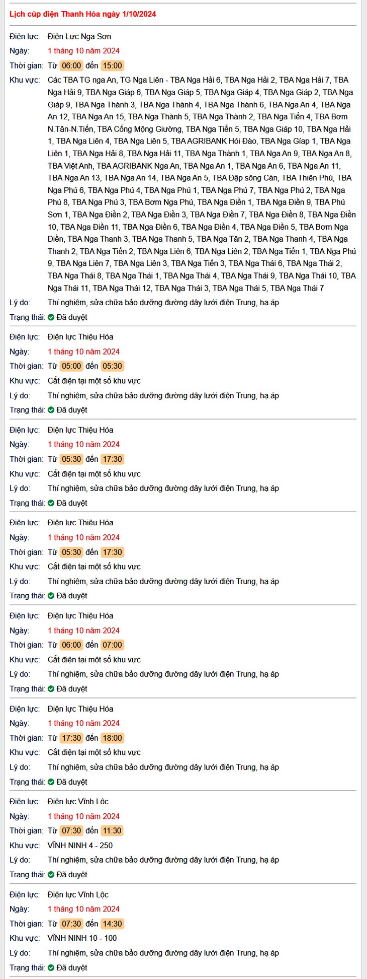 Lịch cắt điện hôm nay Thứ 3 ngày 1/10/2024 tại Thanh Hóa- Ảnh 1.