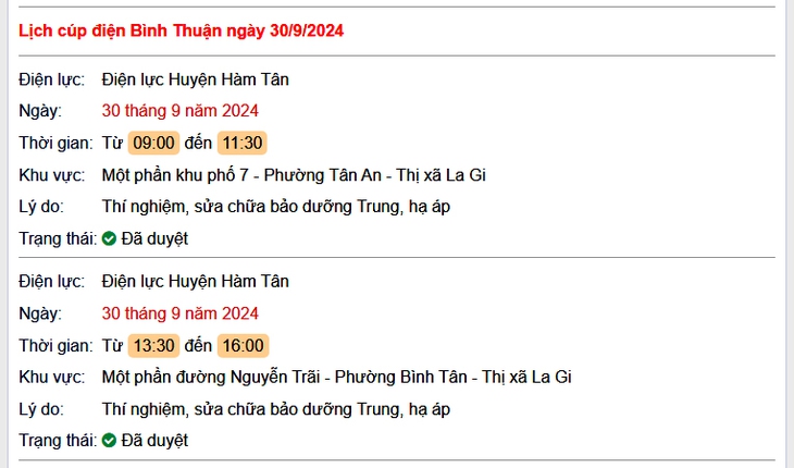 Lịch cúp điện hôm nay Thứ 2 ngày 30/9/2024 tại Bình Thuận- Ảnh 1.