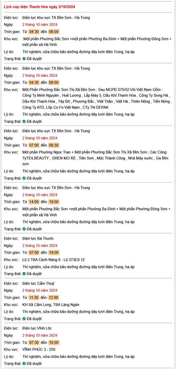 Lịch cắt điện hôm nay Thứ 4 ngày 2/10/2024 tại Thanh Hóa- Ảnh 1. Lịch cắt điện hôm nay Thứ 4 ngày 2/10/2024 tại Thanh Hóa- Ảnh 1.