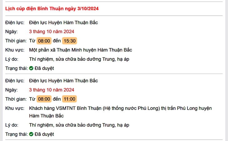Lịch cúp điện hôm nay Thứ 5 ngày 3/10/2024 tại Bình Thuận- Ảnh 1.