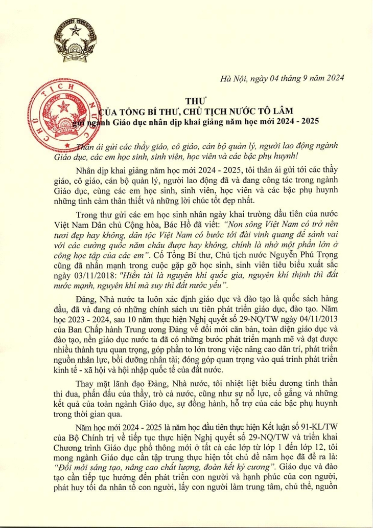 Toàn văn thư khai giảng của Tổng Bí thư, Chủ tịch nước Tô Lâm- Ảnh 2. Toàn văn thư khai giảng của Tổng Bí thư, Chủ tịch nước Tô Lâm- Ảnh 2.