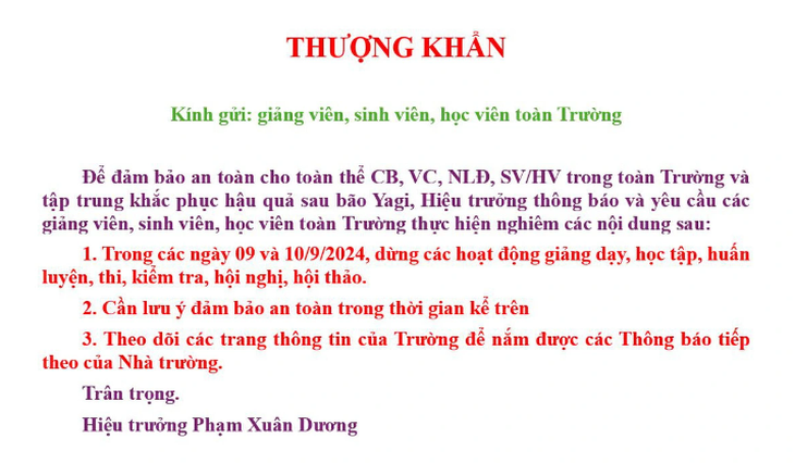Loạt trường đại học tiếp tục cho sinh viên nghỉ học, thông báo 'thượng khẩn' sau bão số 3- Ảnh 2. Loạt trường đại học tiếp tục cho sinh viên nghỉ học, thông báo 'thượng khẩn' sau bão số 3- Ảnh 2.