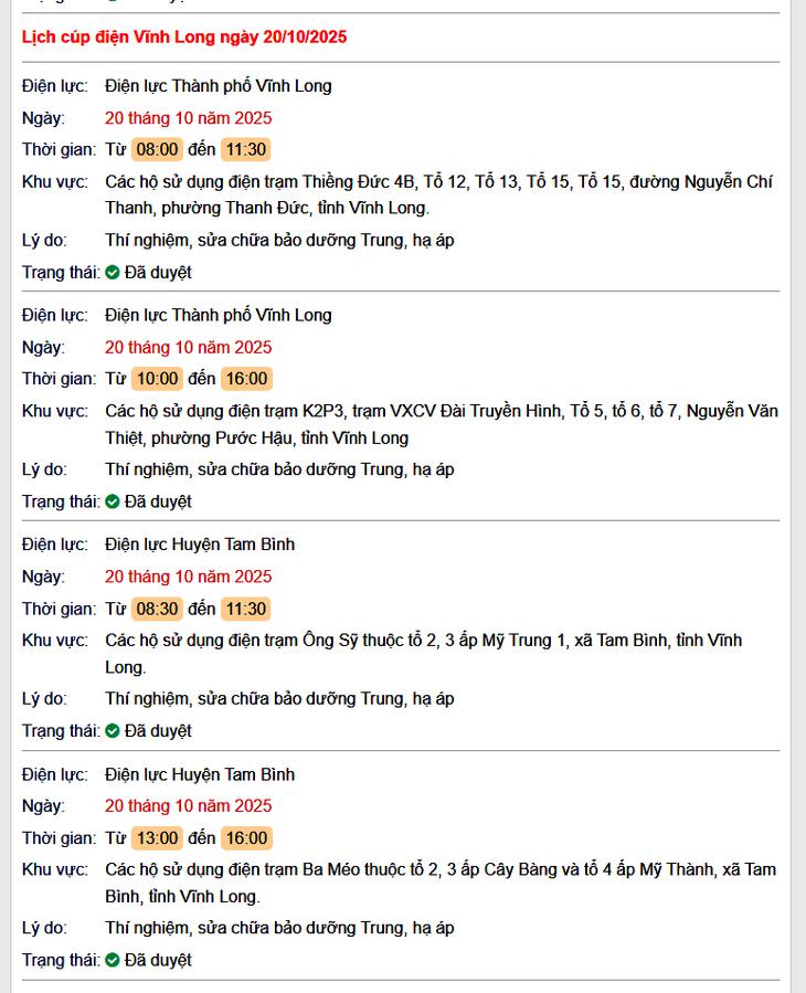 Tra cứu lịch cúp điện hôm nay Thứ 2 ngày 20/10/2025 tại Vĩnh Long- Ảnh 1.