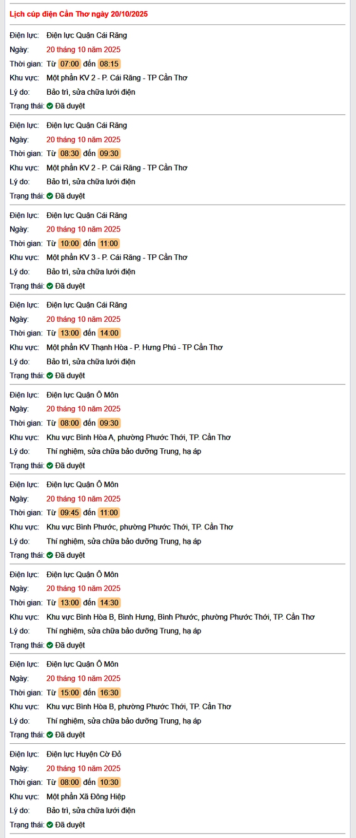 Tra cứu lịch cúp điện hôm nay Thứ 2 ngày 20/10/2025 tại Cần Thơ- Ảnh 1.