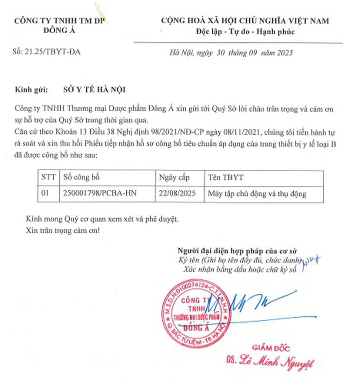Dược phẩm Đông Á xin thu hồi phiếu tiếp nhận hồ sơ công bố tiêu chuẩn áp dụng của trang thiết bị y tế- Ảnh 1.