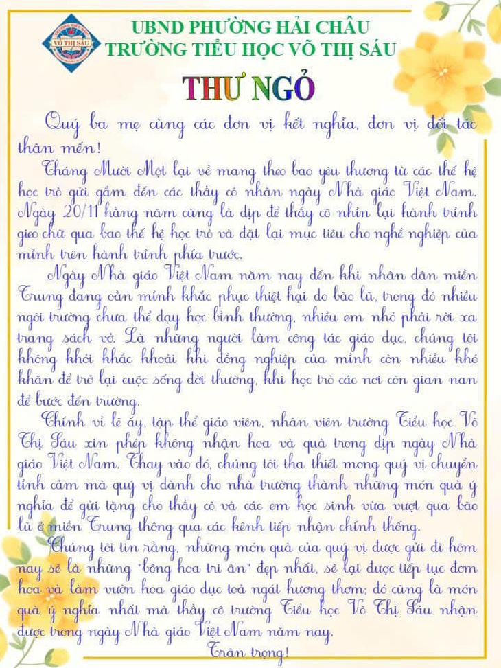 Không nhận hoa, quà 20/11, thầy cô kêu gọi sẻ chia với miền Trung bão lũ- Ảnh 1. Không nhận hoa, quà 20/11, thầy cô kêu gọi sẻ chia với miền Trung bão lũ- Ảnh 1.