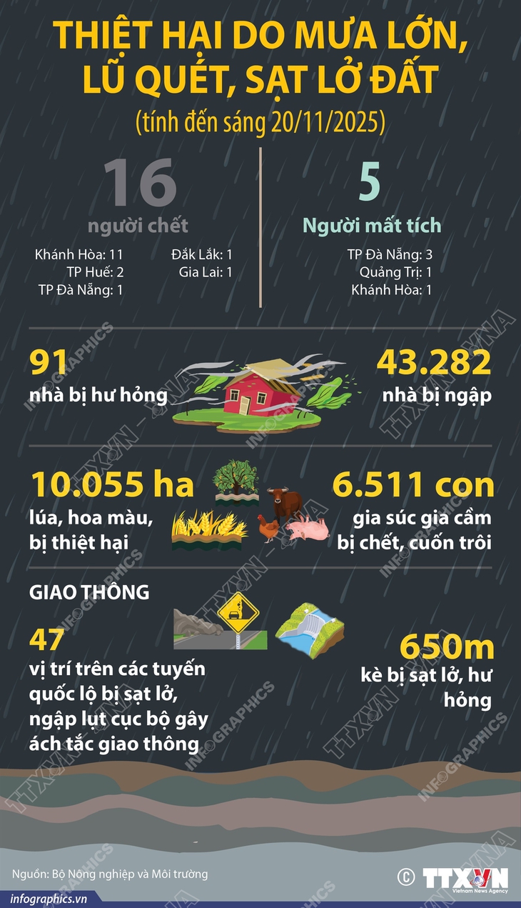 Thiệt hại do mưa lớn, lũ quét, sạt lở đất (tính đến sáng 20/11/2025)- Ảnh 1.
