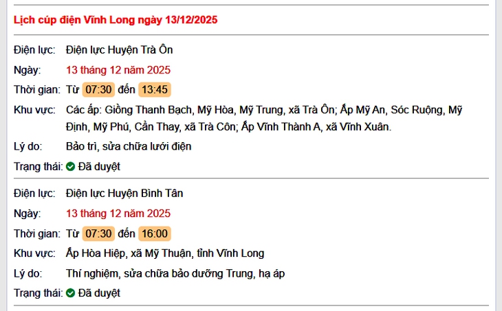 Tra cứu lịch cúp điện Vĩnh Long hôm nay Thứ 7 ngày 13/12/2025- Ảnh 1.
