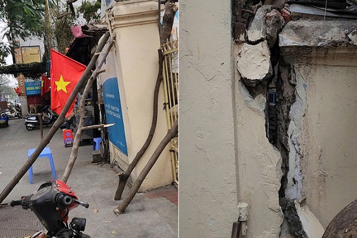 Hà Nội: Cám cảnh bức tường nứt toác, đổ nghiêng được ‘chống nạng’ trên phố Nguyễn Thái Học- Ảnh 1. Hà Nội: Cám cảnh bức tường nứt toác, đổ nghiêng được ‘chống nạng’ trên phố Nguyễn Thái Học- Ảnh 1.
