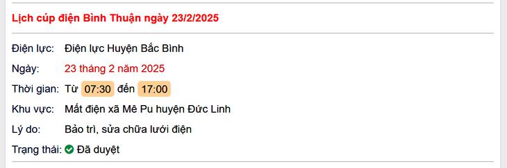 Lịch cúp điện hôm nay Chủ Nhật ngày 23/2/2025 tại Bình Thuận- Ảnh 1.