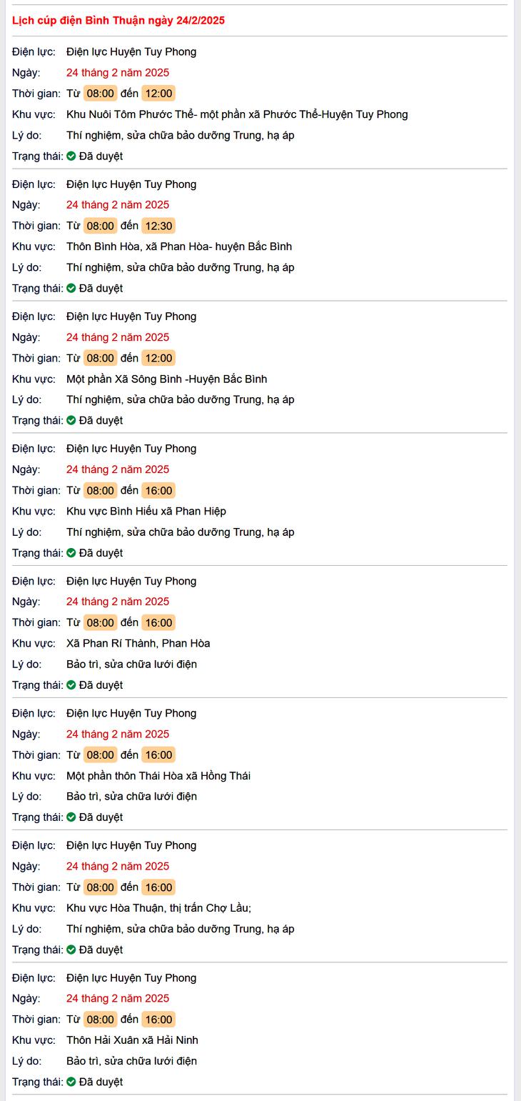 Lịch cúp điện hôm nay Thứ 2 ngày 24/2/2025 tại Bình Thuận- Ảnh 1.