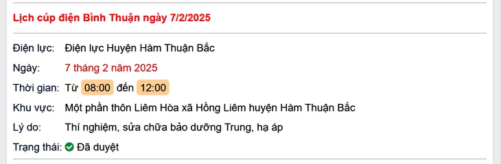 Lịch cúp điện hôm nay Thứ 6 ngày 7/2/2025 tại Bình Thuận- Ảnh 1. Lịch cúp điện hôm nay Thứ 6 ngày 7/2/2025 tại Bình Thuận- Ảnh 1.