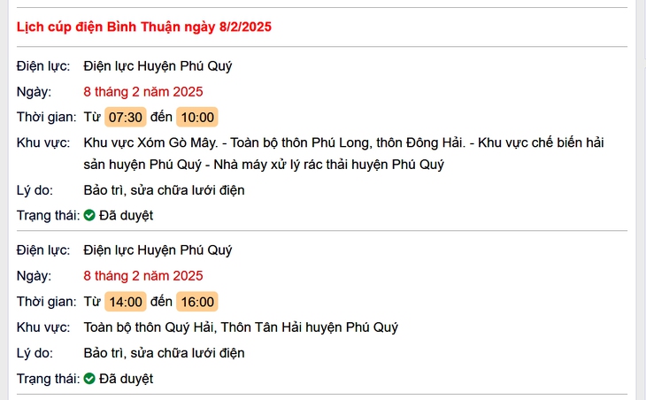 Lịch cúp điện hôm nay Thứ 7 ngày 8/2/2025 tại Bình Thuận- Ảnh 1. Lịch cúp điện hôm nay Thứ 7 ngày 8/2/2025 tại Bình Thuận- Ảnh 1.