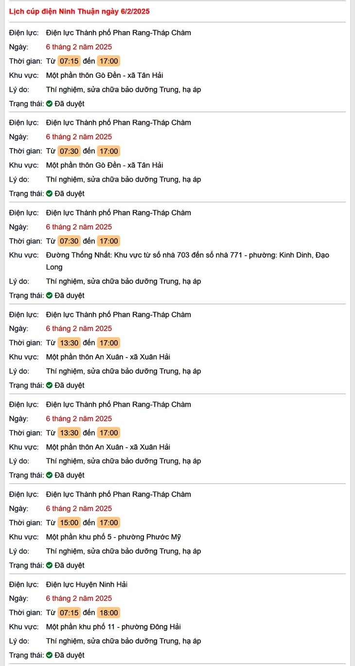 Lịch cúp điện hôm nay Thứ 5 ngày 6/2/2025 tại Ninh Thuận- Ảnh 1.