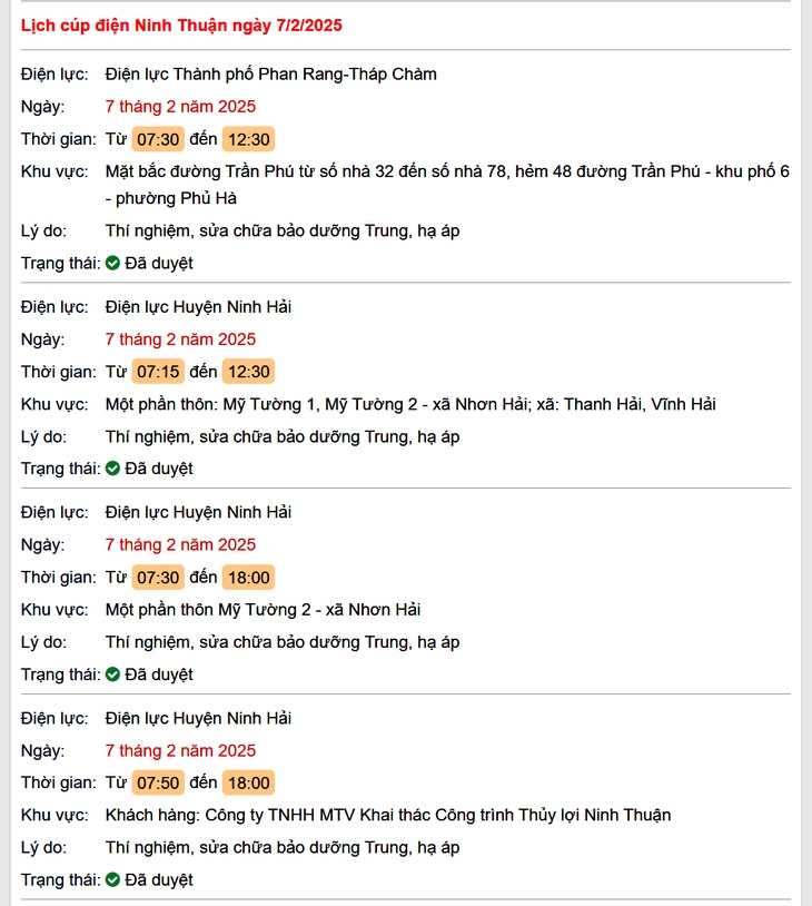 Lịch cúp điện hôm nay Thứ 6 ngày 7/2/2025 tại Ninh Thuận- Ảnh 1.