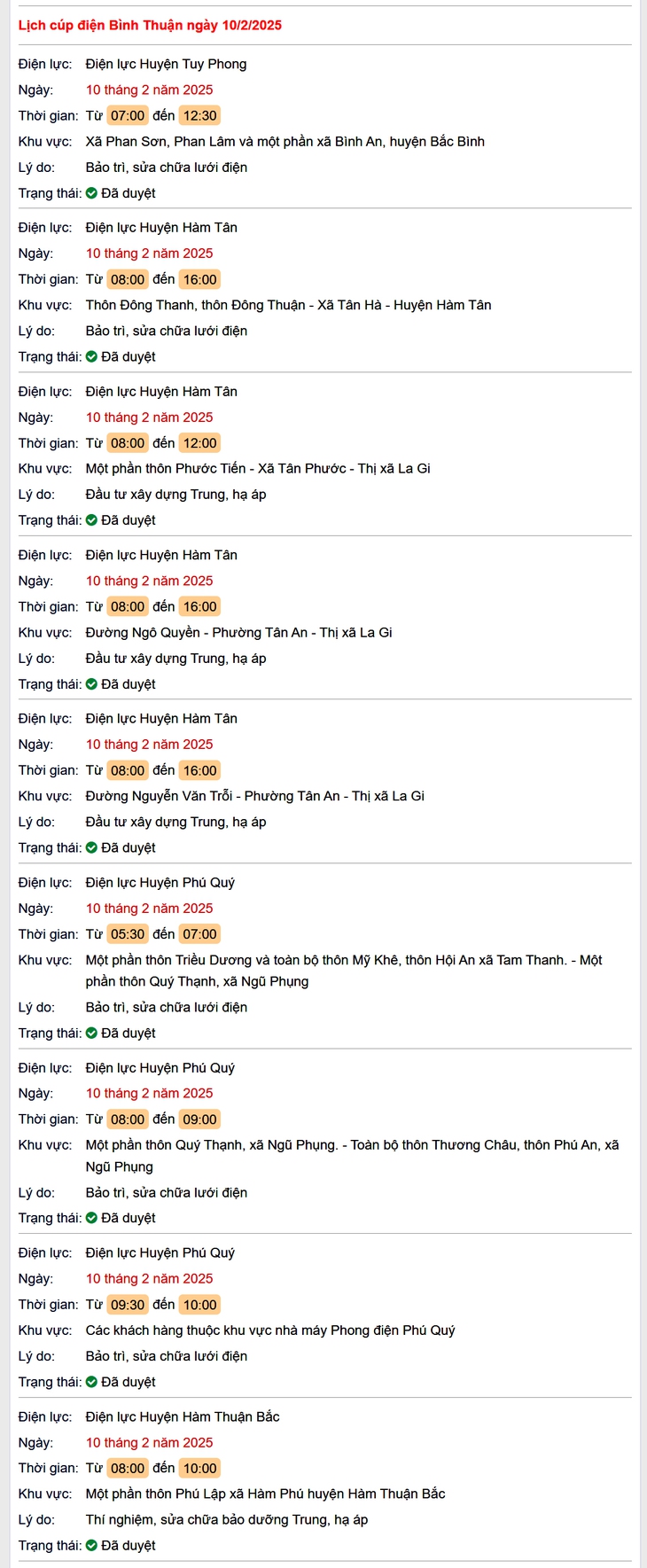 Lịch cúp điện hôm nay Thứ 2 ngày 10/2/2025 tại Bình Thuận- Ảnh 1. Lịch cúp điện hôm nay Thứ 2 ngày 10/2/2025 tại Bình Thuận- Ảnh 1.