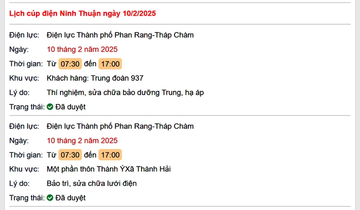 Lịch cúp điện hôm nay Thứ 2 ngày 10/2/2025 tại Ninh Thuận- Ảnh 1.