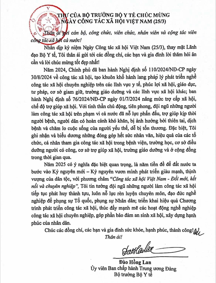 Bộ trưởng Bộ Y tế Đào Hồng Lan gửi thư chúc mừng Ngày Công tác xã hội Việt Nam- Ảnh 1. Bộ trưởng Bộ Y tế Đào Hồng Lan gửi thư chúc mừng Ngày Công tác xã hội Việt Nam- Ảnh 1.