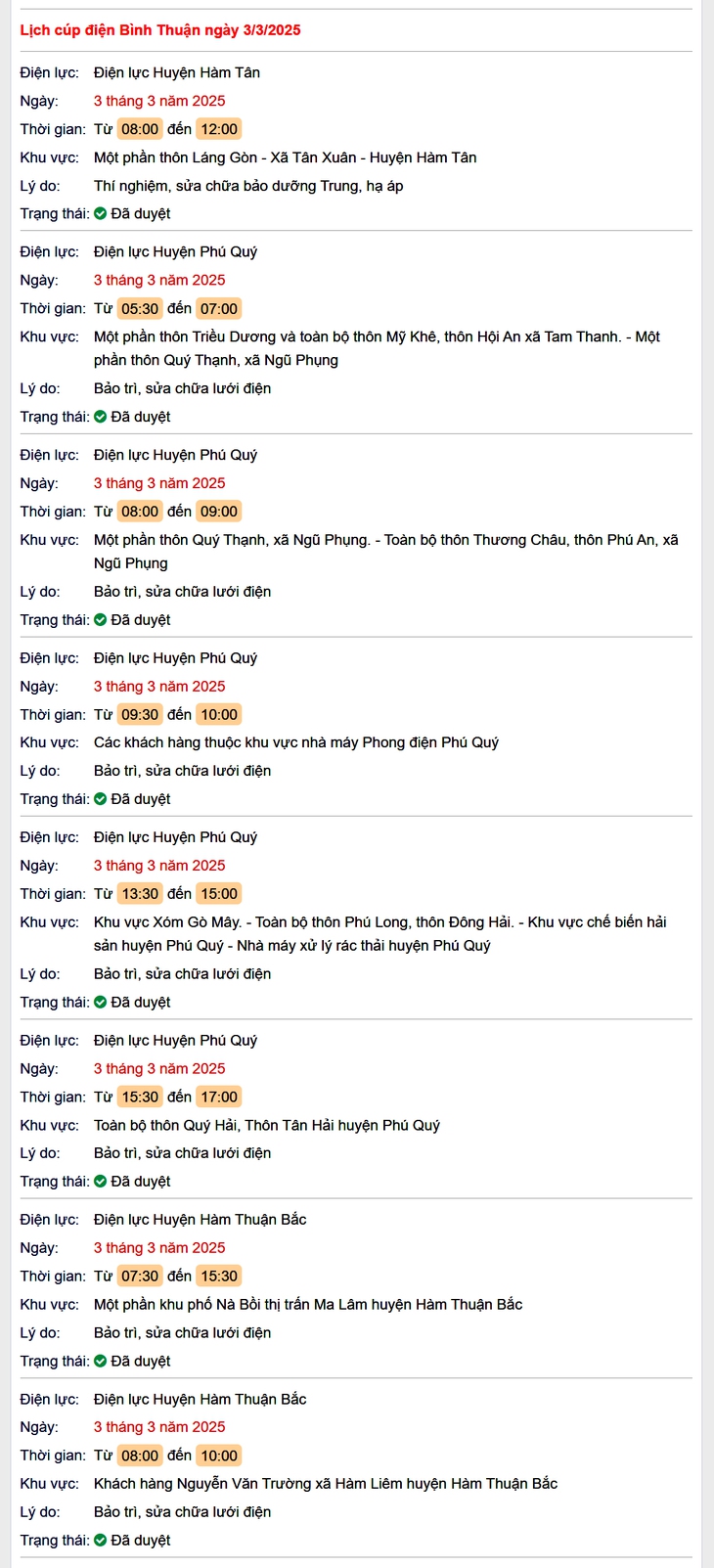 Lịch cúp điện hôm nay Thứ 2 ngày 3/3/2025 tại Bình Thuận- Ảnh 1. Lịch cúp điện hôm nay Thứ 2 ngày 3/3/2025 tại Bình Thuận- Ảnh 1.