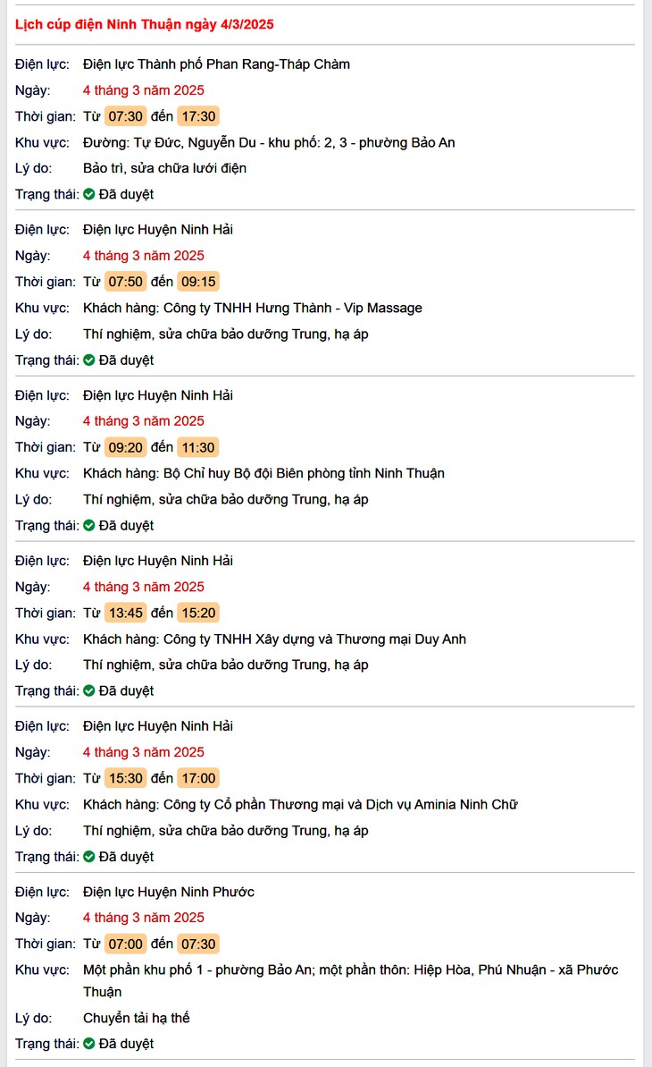 Lịch cúp điện hôm nay Thứ 3 ngày 4/3/2025 tại Ninh Thuận- Ảnh 1.