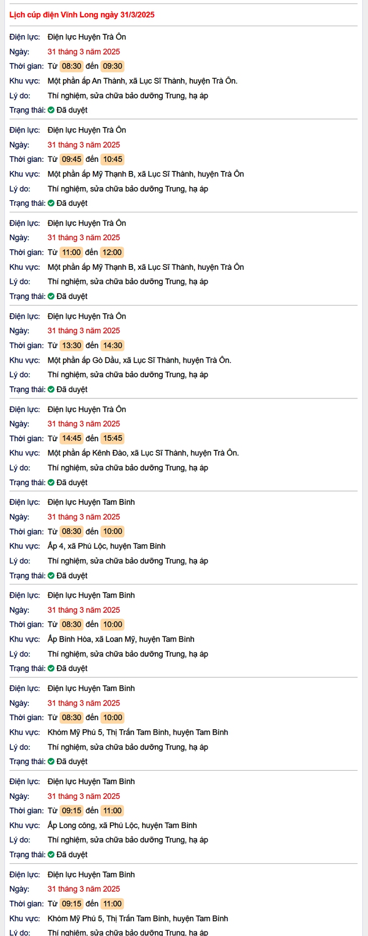 Lịch cúp điện hôm nay Thứ 2 ngày 31/3/2025 tại Vĩnh Long- Ảnh 1.