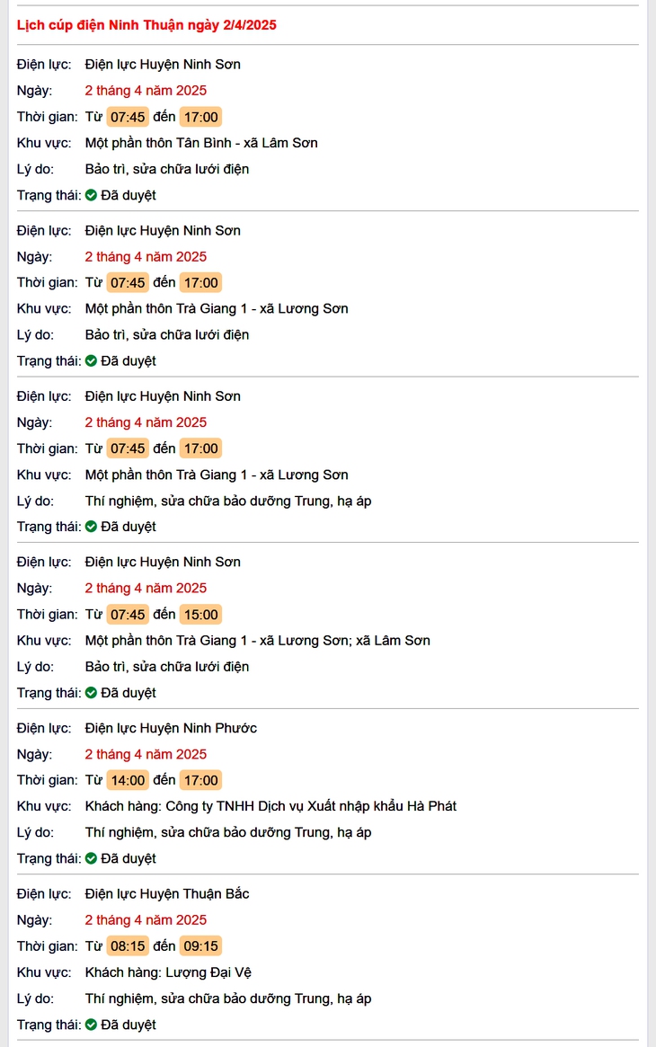 Lịch cúp điện hôm nay Thứ 4 ngày 2/4/2025 tại Ninh Thuận- Ảnh 1.