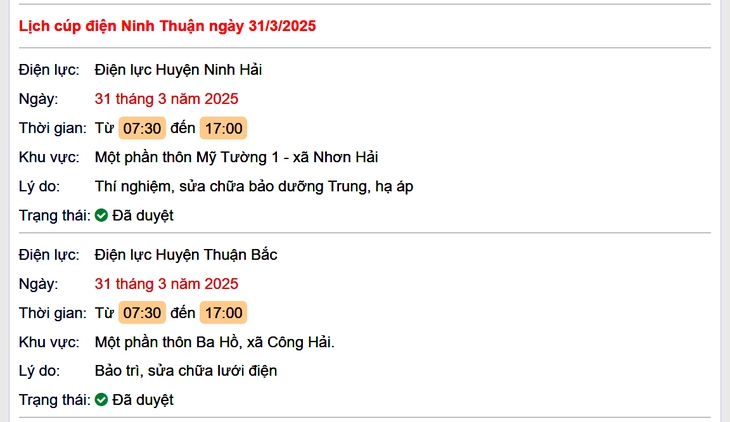 Lịch cúp điện hôm nay Thứ 2 ngày 31/3/2025 tại Ninh Thuận- Ảnh 1.